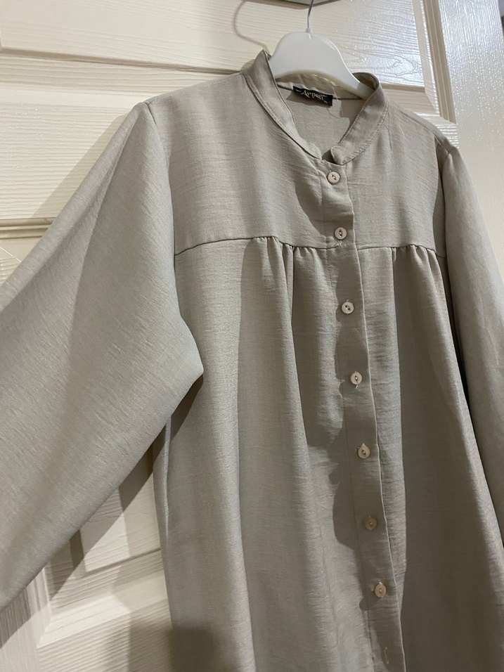 Bej Uzun Kollu Keten Kadın Tunik - Görsel 2