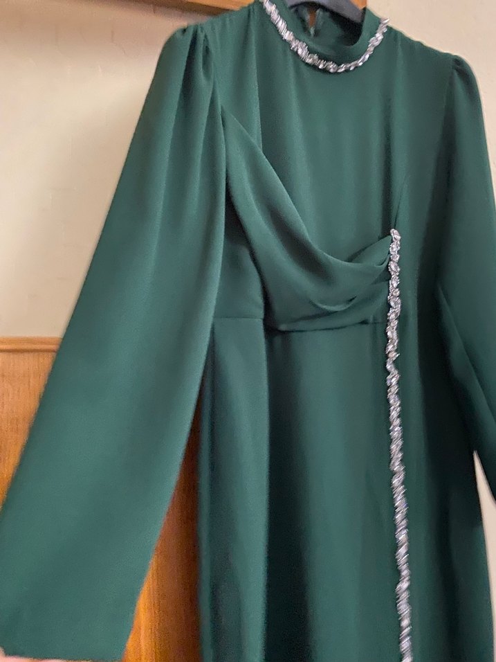 Yeşil Uzun Kollu İşlemeli Uzun Elbise - Görsel 2