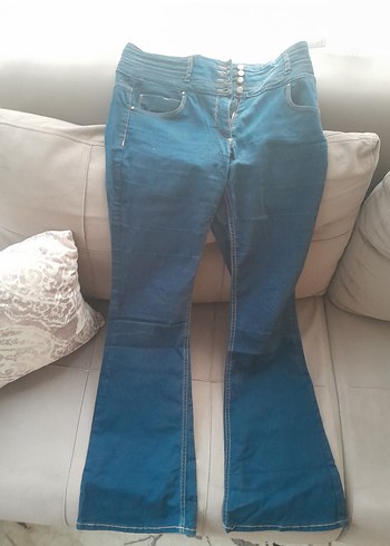 Düğmeli Mavi Kadın Denim Pantolon