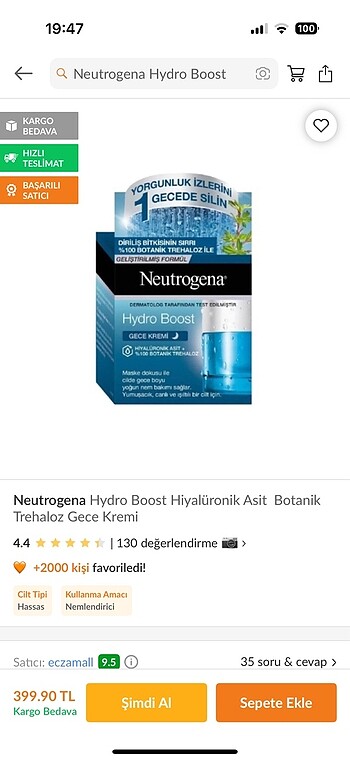 Neutrogena Neutrogena hydro boost gece kremi