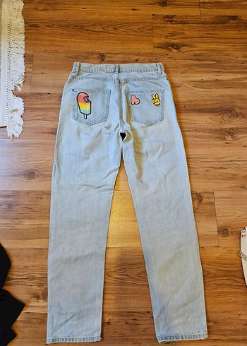 Mudo Jeans Nakışlı Düğmeli Mavi Pamuklu Kot Pantolon - Görsel 3