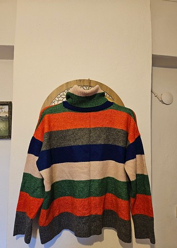 Bohem Çok Renkli Çizgili Balıkçı Yaka Kadın Kazak - Görsel 3