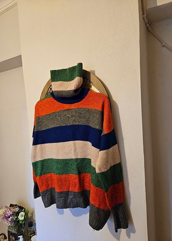 Bohem Çok Renkli Çizgili Balıkçı Yaka Kadın Kazak - Görsel 4