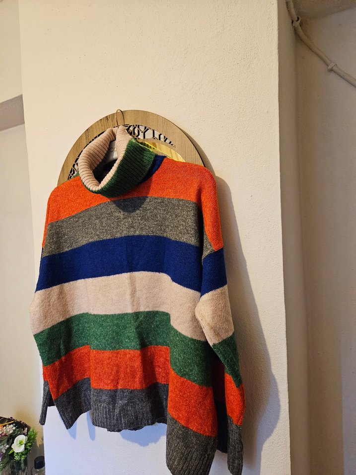 Bohem Çok Renkli Çizgili Balıkçı Yaka Kadın Kazak - Görsel 5