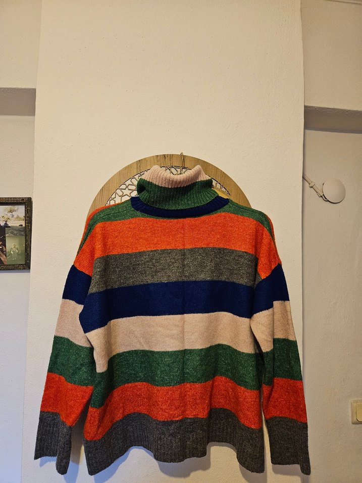 Bohem Çok Renkli Çizgili Balıkçı Yaka Kadın Kazak - Görsel 3