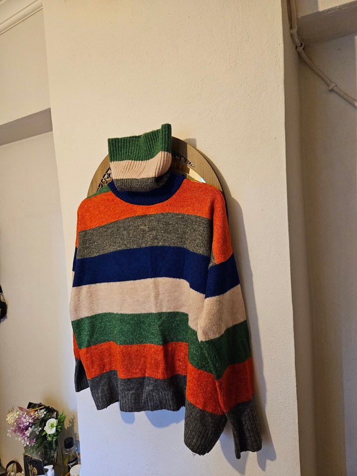 Bohem Çok Renkli Çizgili Balıkçı Yaka Kadın Kazak - Görsel 4