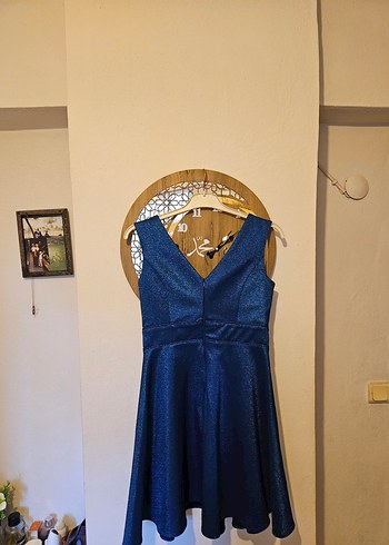Parlak Lacivert Mini V Yaka Vintage Elbise - Görsel 6