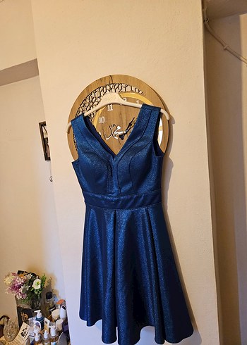 Parlak Lacivert Mini V Yaka Vintage Elbise - Görsel 4