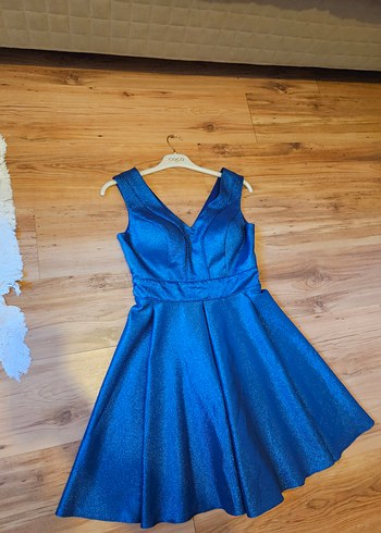 Parlak Lacivert Mini V Yaka Vintage Elbise - Görsel 2