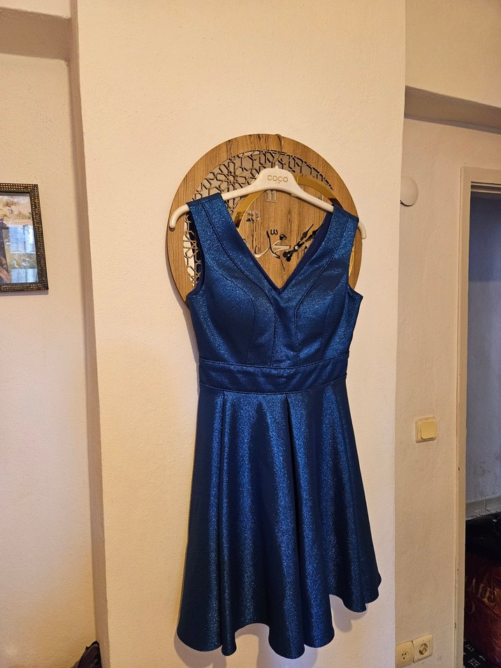 Parlak Lacivert Mini V Yaka Vintage Elbise - Görsel 3