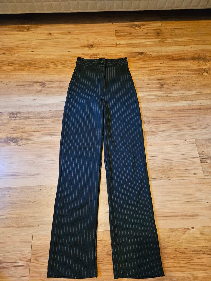 Kadın Siyah Çizgili Kumaş Cotton Pantolon - Görsel 2