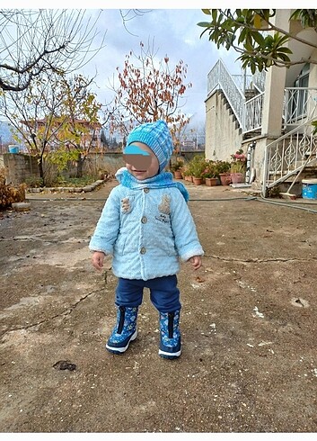1,5 Yaş Beden mavi Renk Bebek mont+panduf+şapka