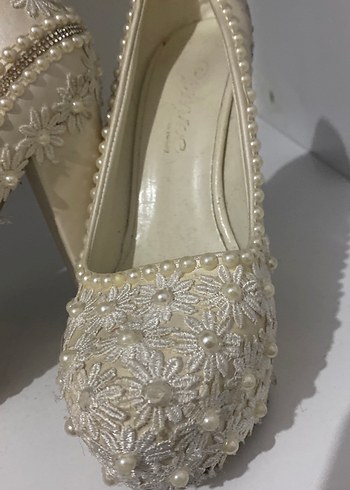 Dantel İşlemeli Beyaz Yüksek Topuklu Gelin Ayakkabısı - Görsel 3