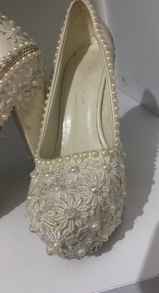 Dantel İşlemeli Beyaz Yüksek Topuklu Gelin Ayakkabısı - Görsel 3