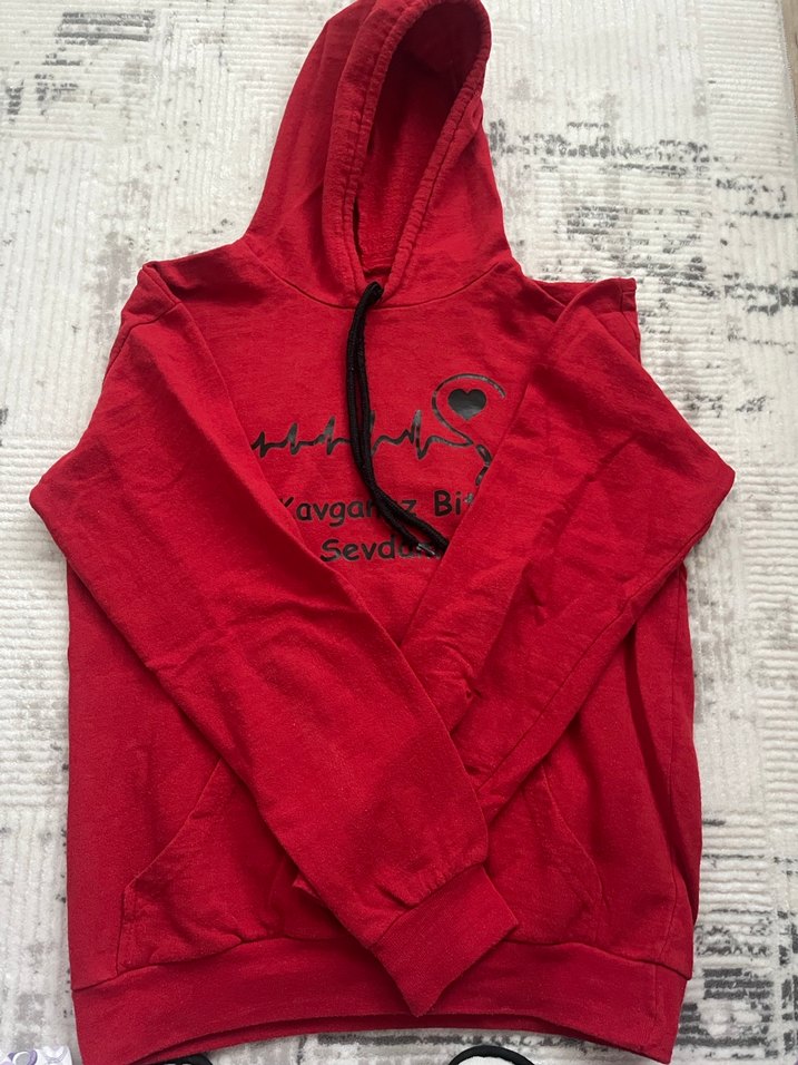 Kırmızı Kapüşonlu Baskılı Kadın Sweatshirt - Görsel 2
