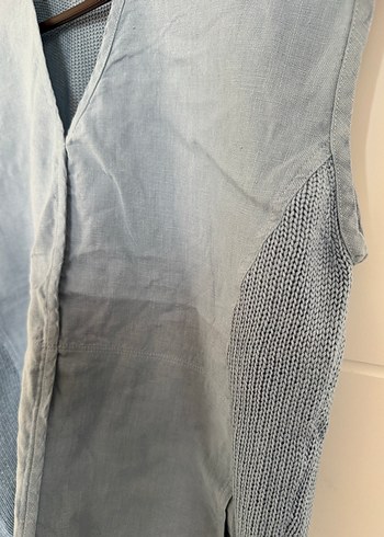 Kolsuz Gri mavi Keten V Yaka Bluz - Görsel 3