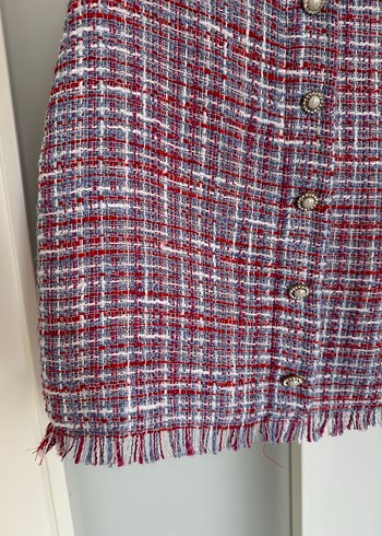 Düğmeli Mini Kırmızı Gri etek bluz takımı - Görsel 8