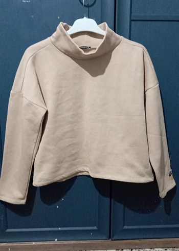 Bej Kadın Mini Sweatshirt, Uzun Kollu