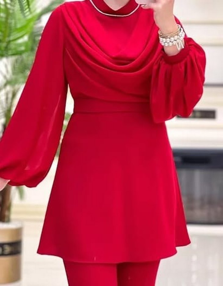 Kadın Kırmızı Uzun Kollu Drapeli Tunik - Görsel 1