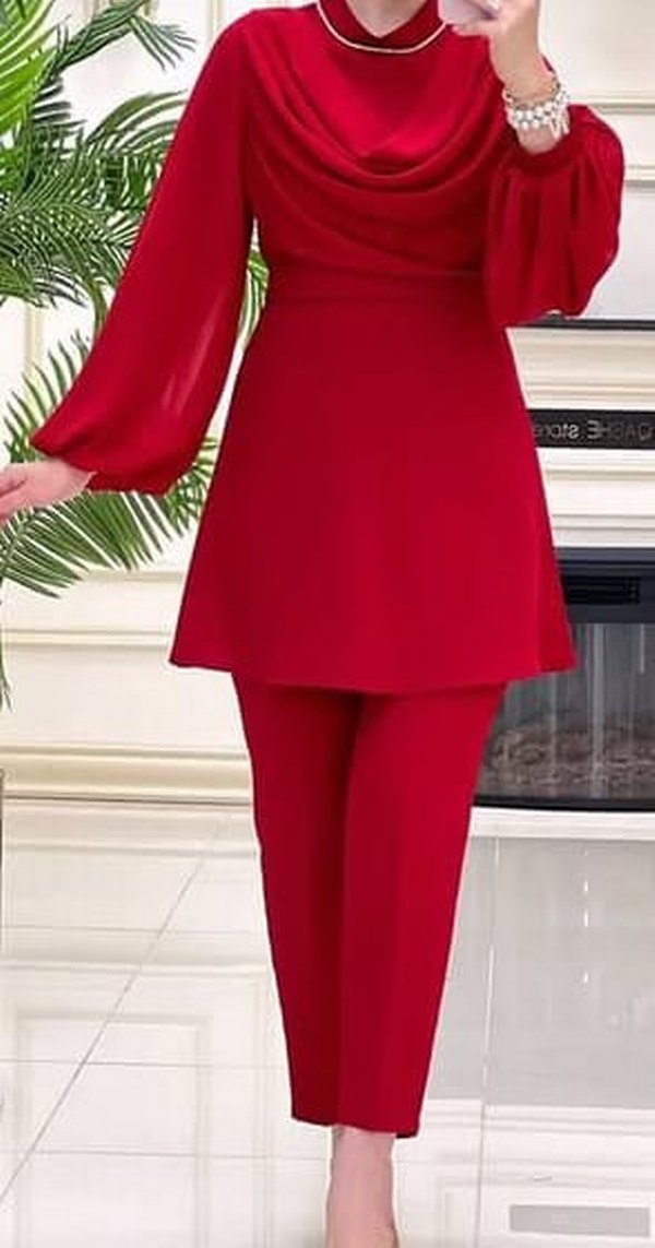 Kadın Kırmızı Uzun Kollu Drapeli Tunik - Görsel 2