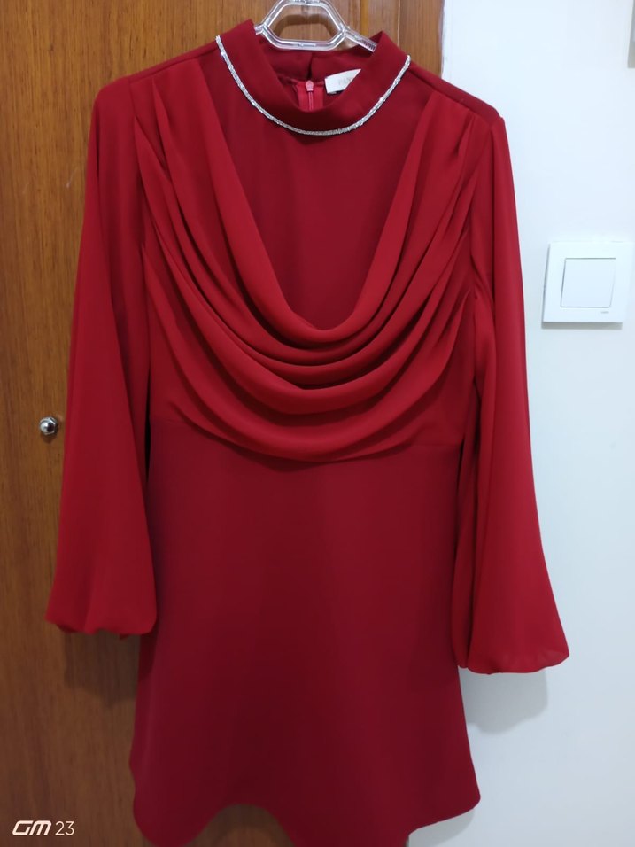 Kadın Kırmızı Uzun Kollu Drapeli Tunik - Görsel 3