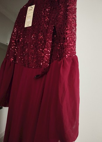 Bordo Uzun Kollu Drapeli Kadın Abiye Elbise - Görsel 5