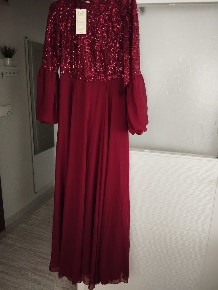 Bordo Uzun Kollu Drapeli Kadın Abiye Elbise - Görsel 2