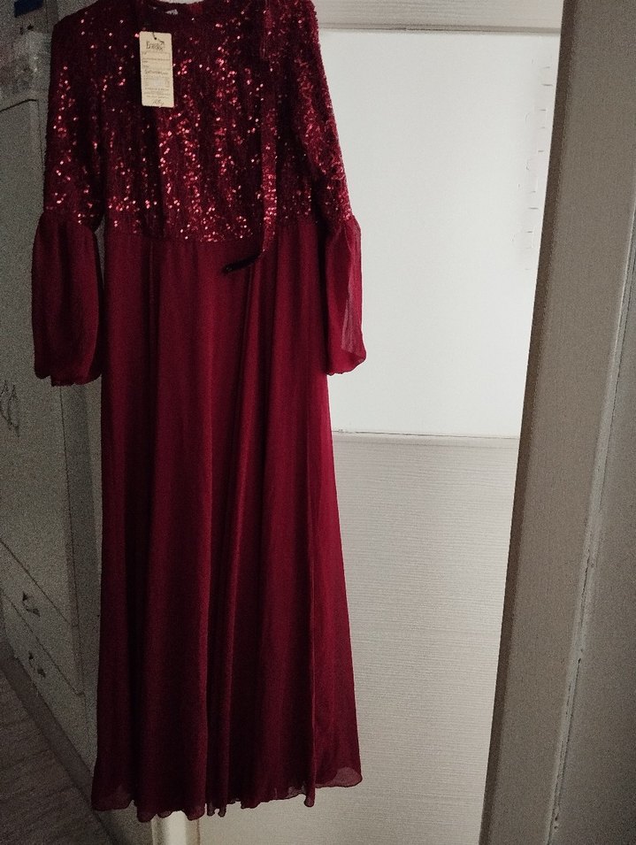 Bordo Uzun Kollu Drapeli Kadın Abiye Elbise - Görsel 3