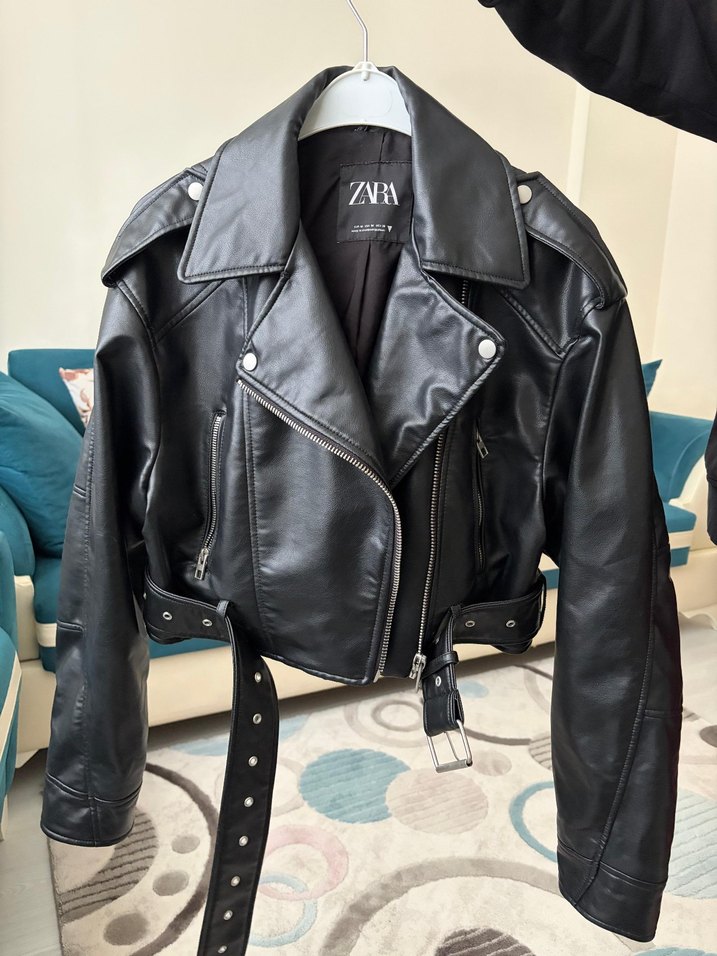 Kadın Siyah Deri Biker Ceket - Görsel 3