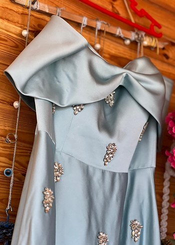 Drapeli Mavi Straplez Uzun Kadın Abiye Elbise - Görsel 2