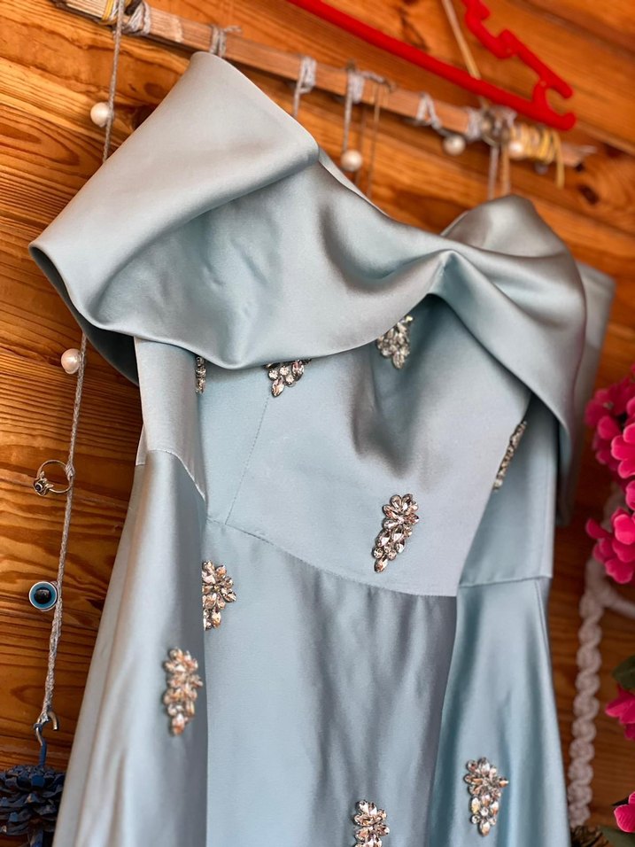 Drapeli Mavi Straplez Uzun Kadın Abiye Elbise - Görsel 2