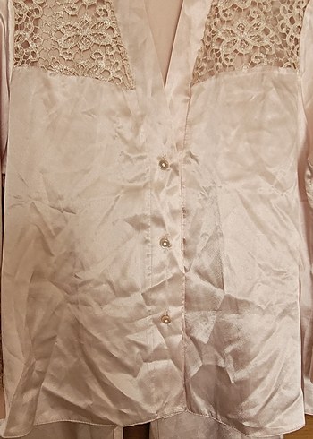 m Beden Bej Saten Uzun Kollu Kadın Pijama Takımı