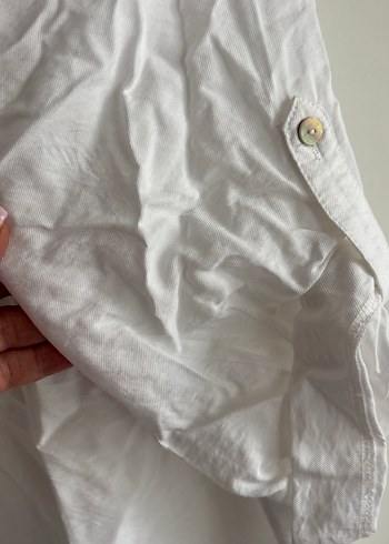 Düğmeli V Yaka Beyaz Kadın Keten Gömlek - Görsel 7