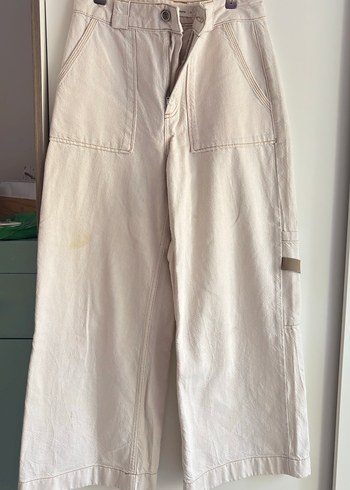 Yargıcı krem renkli Loose Fit Midi Keten Kadın Jean - Görsel 2