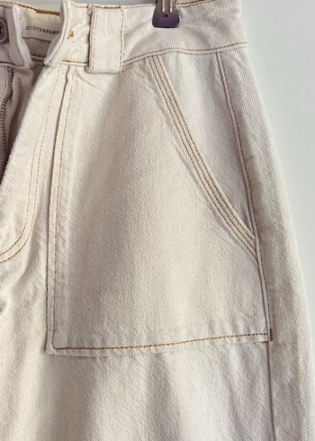 Yargıcı krem renkli Loose Fit Midi Keten Kadın Jean - Görsel 7