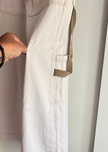 Yargıcı krem renkli Loose Fit Midi Keten Kadın Jean - Görsel 10