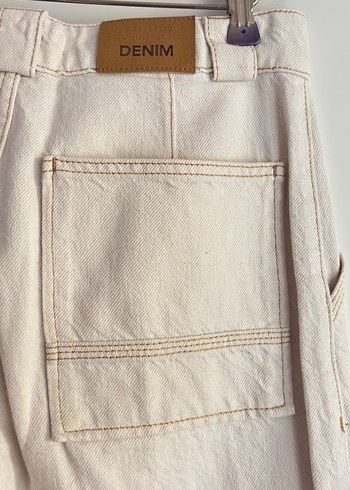 Yargıcı krem renkli Loose Fit Midi Keten Kadın Jean - Görsel 3