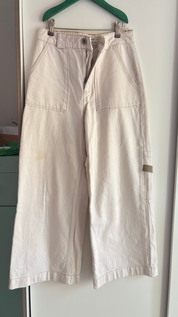 Yargıcı krem renkli Loose Fit Midi Keten Kadın Jean - Görsel 2