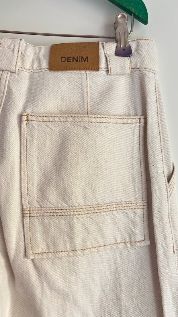 Yargıcı krem renkli Loose Fit Midi Keten Kadın Jean - Görsel 3