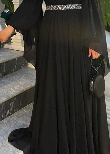 Siyah Uzun Drapeli  Abiye Elbise - Görsel 3