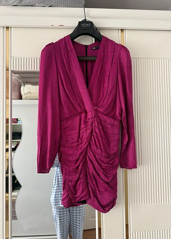Zara Pembe Drapeli Midi Elbise V Yaka Uzun Kol