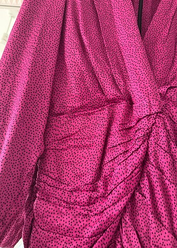 Zara Zara Pembe Drapeli Midi Elbise V Yaka Uzun Kol