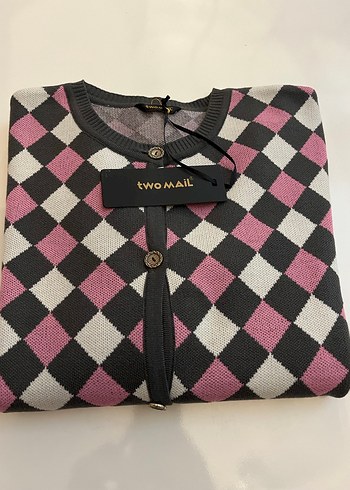 Düğmeli Pembe Ekose Kadın Hırka - Görsel 6