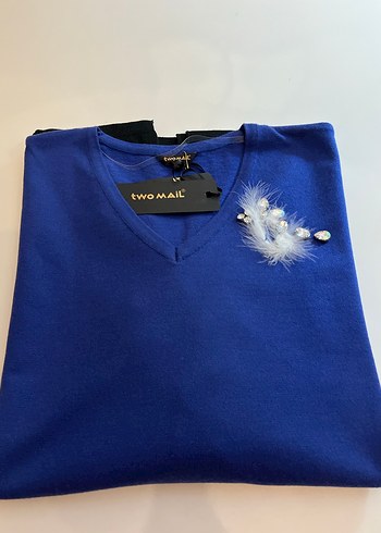 Uzun Kollu Mavi V Yakalı Triko Kazak - Görsel 4