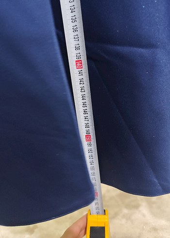 Lacivert Uzun Kollu Saten Elbise - Görsel 6