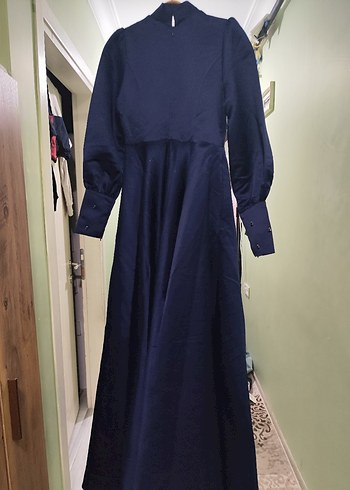 Lacivert Uzun Kollu Saten Elbise - Görsel 2