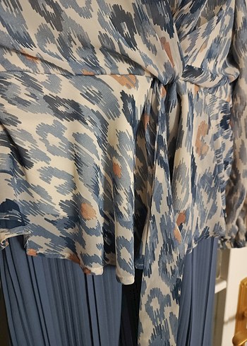 Mavi Pilili Uzun Kollu Kadın etek takım - Görsel 3