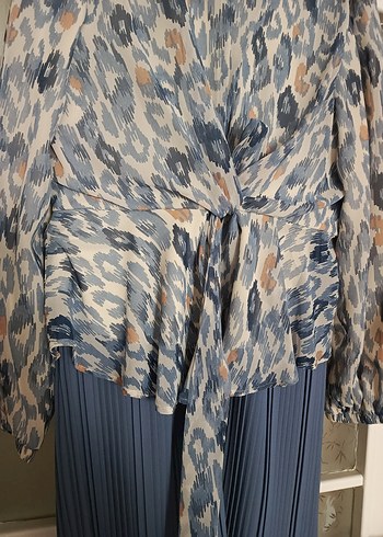 Mavi Pilili Uzun Kollu Kadın etek takım - Görsel 5