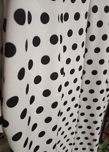 Uzun Kol Puantiyeli Beyaz Elbise - Görsel 5