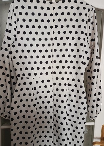 Uzun Kol Puantiyeli Beyaz Elbise - Görsel 6